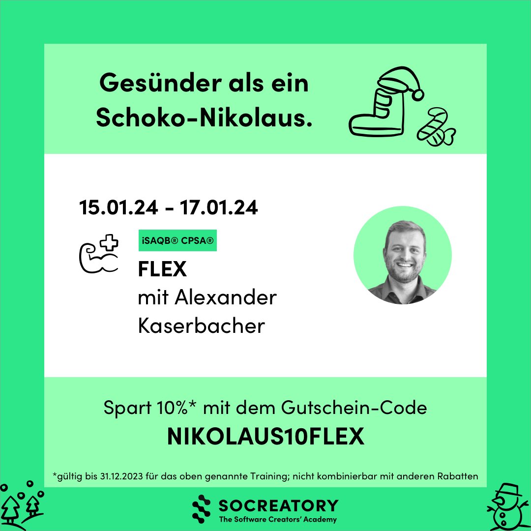 socreatory (@socreatory) on Twitter photo Wir wünschen euch allen einen schönen Nikolaus-Tag!
Spart 10% mit dem Gutscheincode “NIKOLAUS10FLEX” auf das genannte Training* mit <a href="/alexksbr/">Alexander Kaserbacher</a>
socreatory.com/de/trainings/f…
#softwarearchitektur
*gültig bis 31.12.23 nur für das genannte Training. Nicht kombinierbar mit anderen Rabatten Wir wünschen euch allen einen schönen Nikolaus-Tag!
Spart 10% mit dem Gutscheincode “NIKOLAUS10FLEX” auf das genannte Training* mit <a href="/alexksbr/">Alexander Kaserbacher</a>
socreatory.com/de/trainings/f…
#softwarearchitektur
*gültig bis 31.12.23 nur für das genannte Training. Nicht kombinierbar mit anderen Rabatten