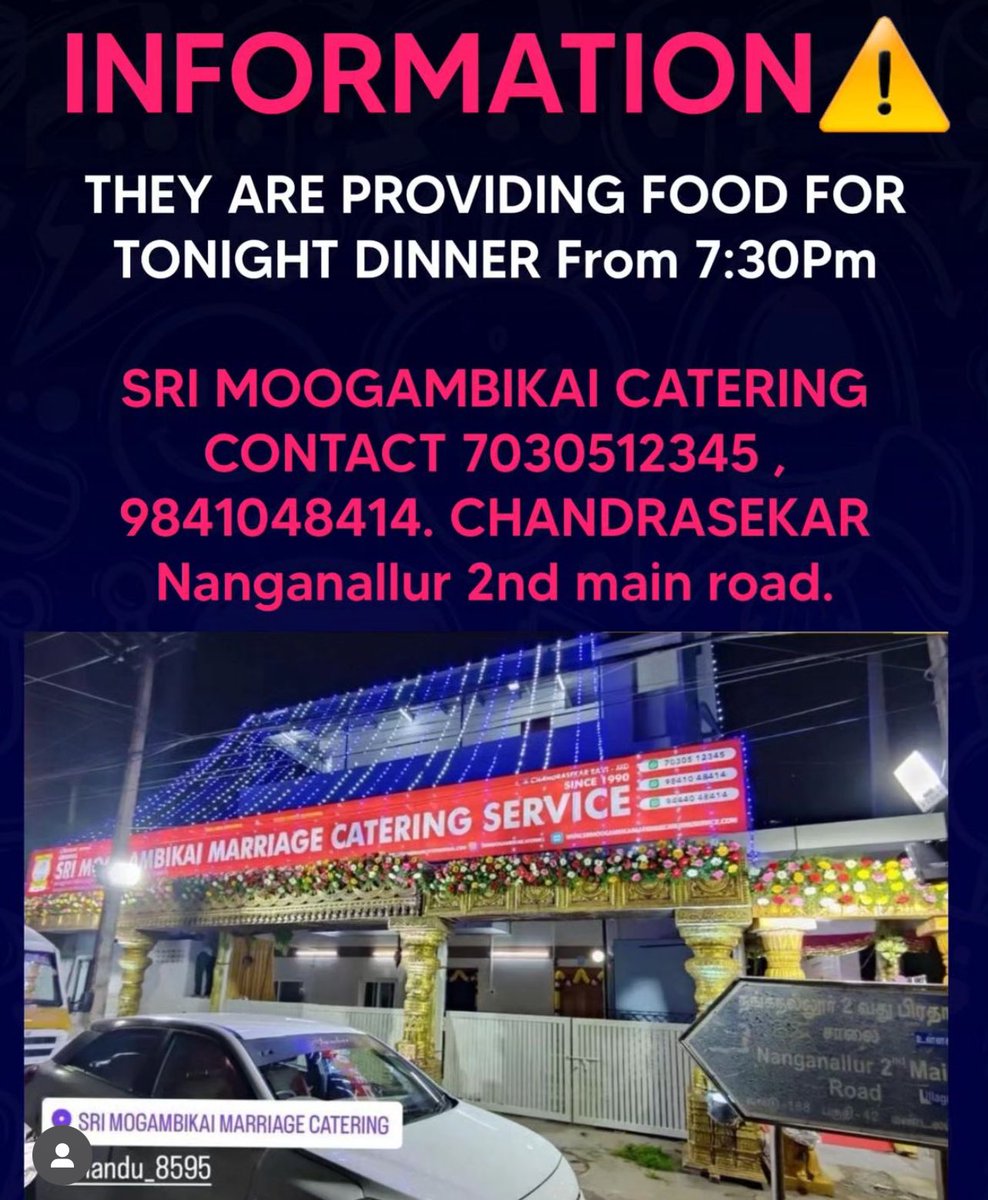 #FoodDistribution 🫂

Please forward guys..! 

SRI MOOGAMBIKAI CATERING is providing food for Tonight.

Name : Chandrasekar
Contact : 9841048414

@Hereprak @DThiravidamani @nive_jessie @itzcrazykichu @dishyasharma 

#ChennaiFloods #ChennaiHelps #Chennai #CycloneMichuang