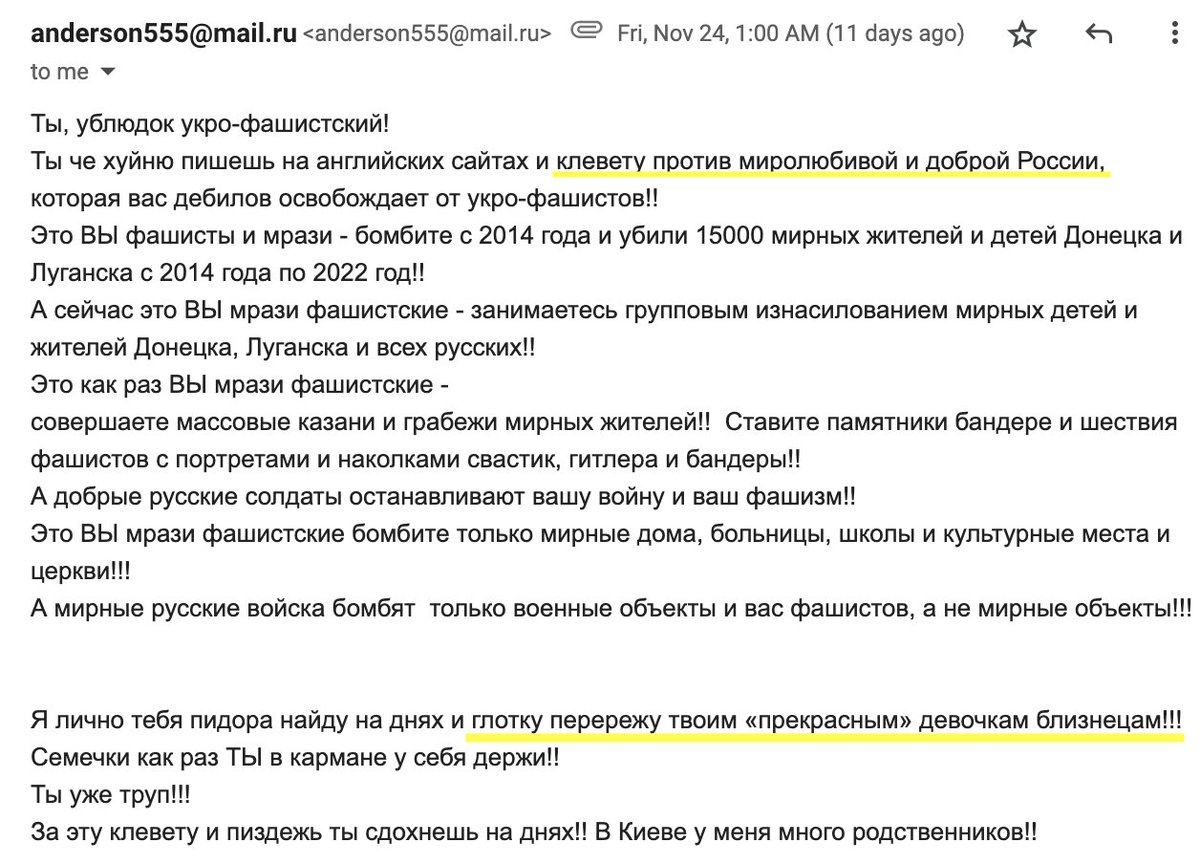 mourner's tweet image. A telling e-mail I got in response to the pro-Ukraine message on the @LeafletJS website. A Russian guy tells me that Russia is kind and peace-loving country liberating Ukraine from nazis, and because I'm lying about it, he will track down and slit the throat of my twin daughters.