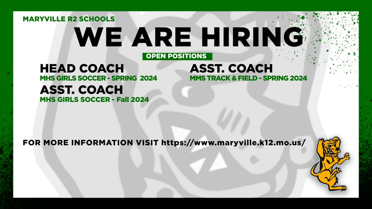 spoofhound1's tweet photo. The Maryville R2 activities department is seeking qualified candidates for the following coaching positions. For more information or to apply online visit. https://t.co/nbdwHGSBVc
Head MHS Girls Soccer
Asst. MHS Girls Soccer
Asst. MMS School Track &amp; Field https://t.co/wnmQEOUlEL
