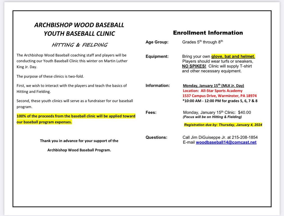WoodVikingsBSBL's tweet photo. Archbishop Wood Baseball is hosting a Hitting and Fielding Clinic on January 15th (MLK Day).

100% of the proceeds will be applied toward our spring training trip to Myrtle Beach!

Questions: Contact Coach Jim DiGuiseppe Jr:  woodbaseball14@comcast.net https://t.co/1UsEe7Q6M2