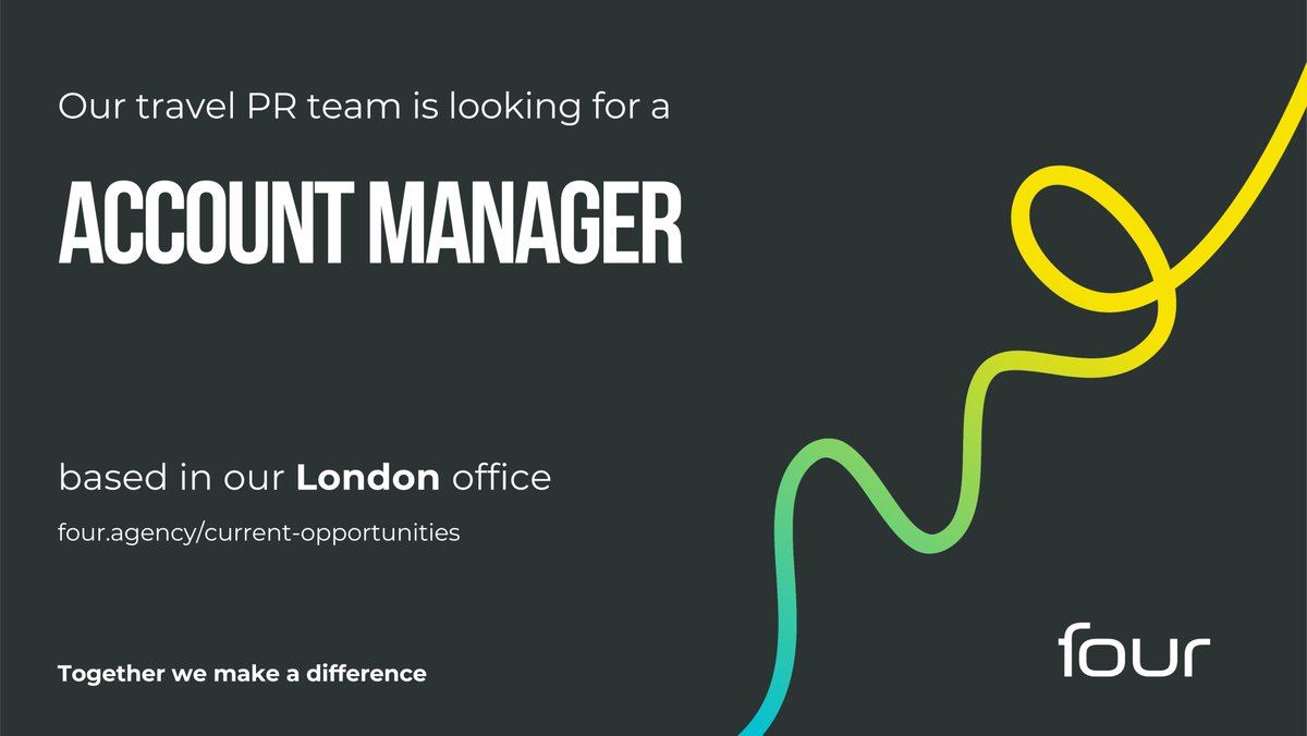 Four is looking for an account manager to join our travel PR team, based in our London offices. More info here t.ly/VM-yy #TogetherWeMakeADifference #WeAreEpic