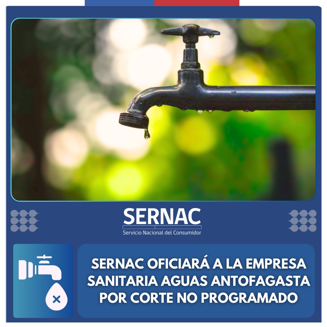 SERNAC's tweet photo. ▶️ El Servicios Nacional del Consumidor oficiará a la empresa sanitarias @Aguas_Antof por corte no programado del suministro.

Más información en: https://t.co/qS8yup61Z6

#SernacInforma #siss #antofagasta #cortedeagua https://t.co/eGlYTzBrf1