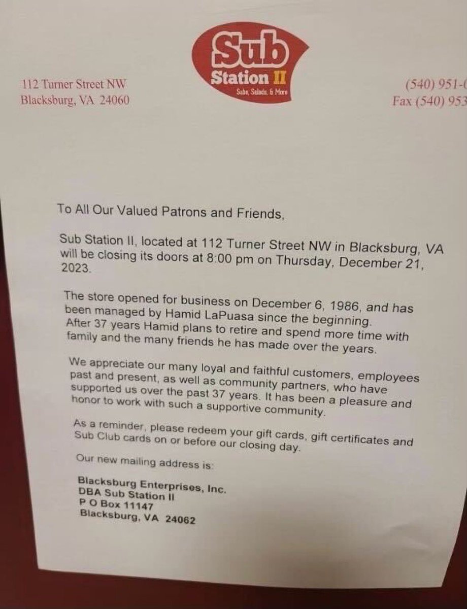 Noooooo! Thank you for all the subs and memories, <a href="/hlapuasa/">Hamid LaPuasa</a>! #blacksburg <a href="/substationii/">Sub Station II</a>