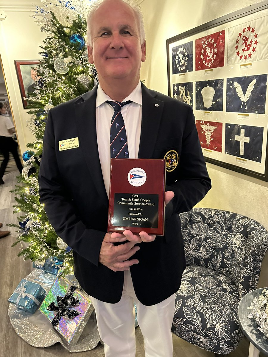 JamesHannigan4's tweet photo. Clearwater Yacht Club held its annual Change of Watch Ceremony on December 2nd.  I was honored to receive the “Tom &amp; Sarah Cooper Community Service Award” for 2023.  I was humbled &amp; privileged to be presented this award by the outgoing Commodore.  #CYC #ChangeofWatch https://t.co/ARtVBbws1k