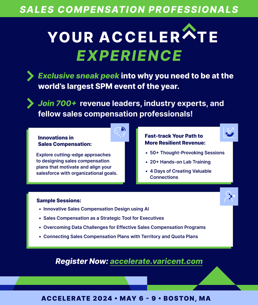 Calling all #salescomp professionals, focus on driving resilient growth, and ensuring your incentives align with your go-to-market strategy at Accelerate! 

Join us for 4 days of immersive training, unlike anything you have experienced. 🚀

Save your seat
bit.ly/3uGXjvj