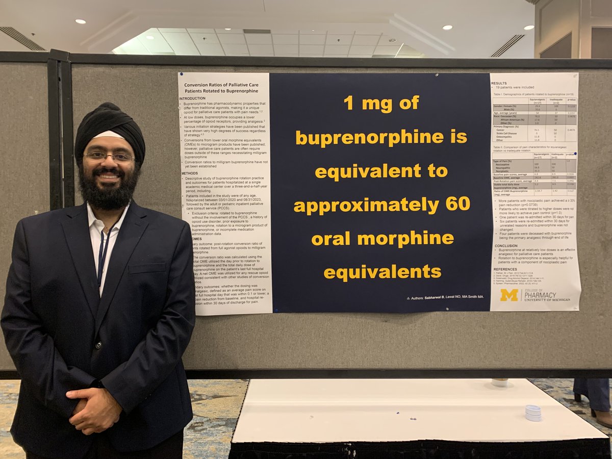 P4 student Bhanu Sabharwal recently shared his research on the conversion ratio of full agonist opioids > buprenorphine in a poster and presentation to the Pain Palliative PRN group at the American College of Clinical Pharmacy Annual Meeting #ACCPAM23. Terrific work, Bhanu!