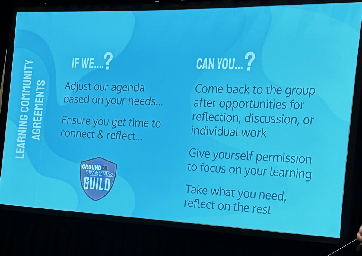 OverflowInnovateLead (@qjacksonssrocks) on Twitter photo Excited to start my learning journey at #LearnFwd23 with <a href="/GroundEDLGuild/">GroundedLearnersGuild</a> at the @LearForward conference!!
Already kicking it off with great ideas to get folks engaged in learning!
I love the “If We”… “Can You” framing for community agreements. Excited to start my learning journey at #LearnFwd23 with <a href="/GroundEDLGuild/">GroundedLearnersGuild</a> at the @LearForward conference!!
Already kicking it off with great ideas to get folks engaged in learning!
I love the “If We”… “Can You” framing for community agreements.