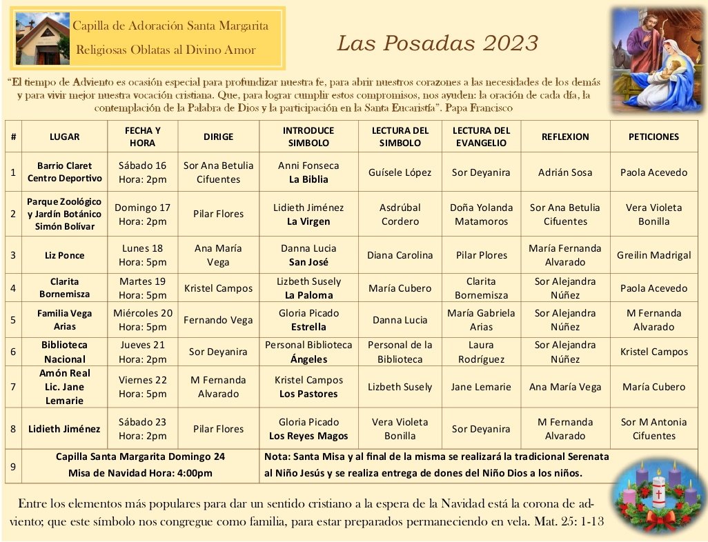 Invitación de nuestras vecinas <a href="/Oblatas_pmi/">Oblatas al Divino Amor- Provincia María Inmaculada</a> a las posadas navideñas por los barrios Amón,Otoya y México.