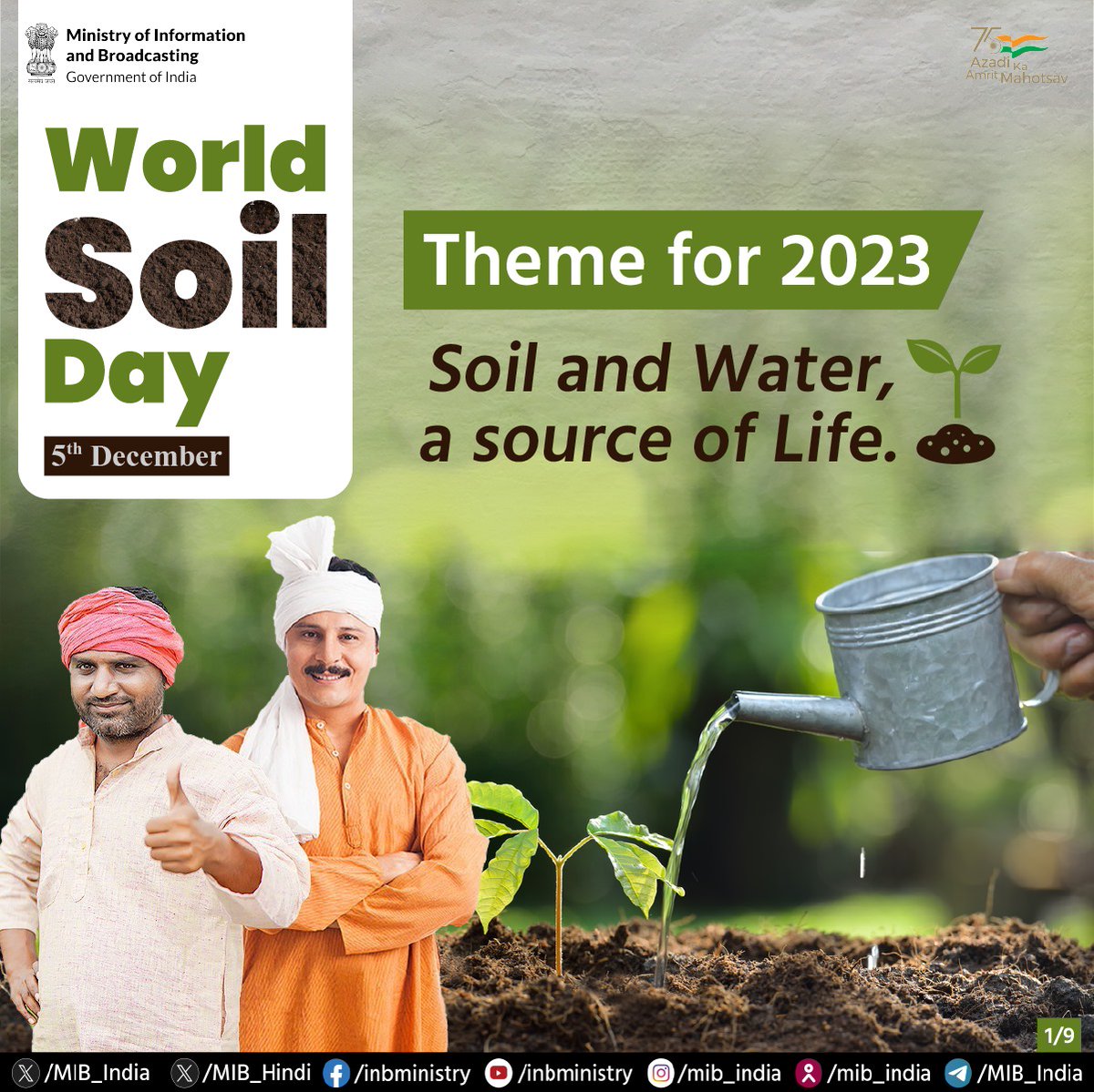MIB_India's tweet photo. World Soil Day!🌱

Theme for 2023: Soil and water, a source of life

Soil Health Card Scheme:

💠Introduced in 2015 to issue soil health cards to all farmers
💠Information on nutrient status of soil
💠Recommendations on nutrient dosage for improving soil health & fertility

#WorldSoilDay @moesgoi @KirenRijiju