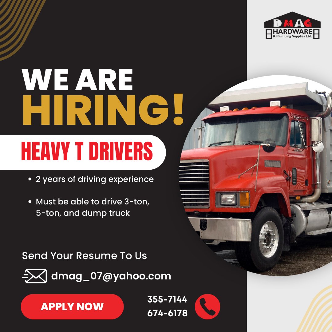 DmagLtd's tweet photo. Join Our Team! Exciting Opportunities Await! 🌟

We're hiring Heavy T Drivers.
Contact us today at (868) 355-7144 or (868) 674-6178 and send your resume to dmag_07@yahoo.com. Your next career move starts here!
#jobopportunity #heavytdrivers https://t.co/1TPwqDM94W