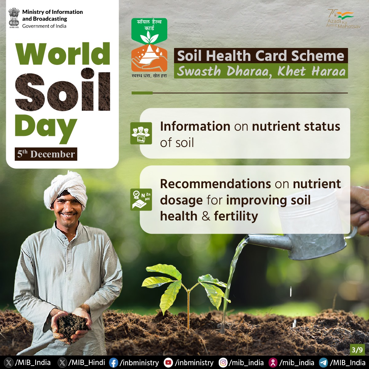 MIB_India's tweet photo. World Soil Day!🌱

Theme for 2023: Soil and water, a source of life

Soil Health Card Scheme:

💠Introduced in 2015 to issue soil health cards to all farmers
💠Information on nutrient status of soil
💠Recommendations on nutrient dosage for improving soil health & fertility

#WorldSoilDay @moesgoi @KirenRijiju