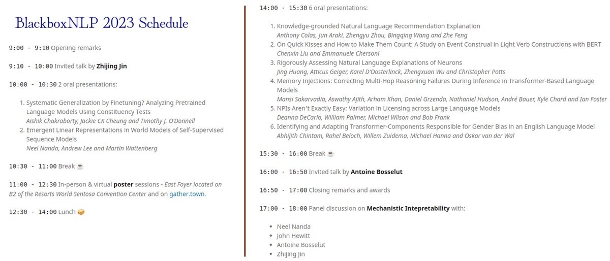 Only 2 more days until BlackboxNLP gets started! Have a look at the schedule, it's filled to the brim with exciting interpretability research🤩 blackboxnlp.github.io