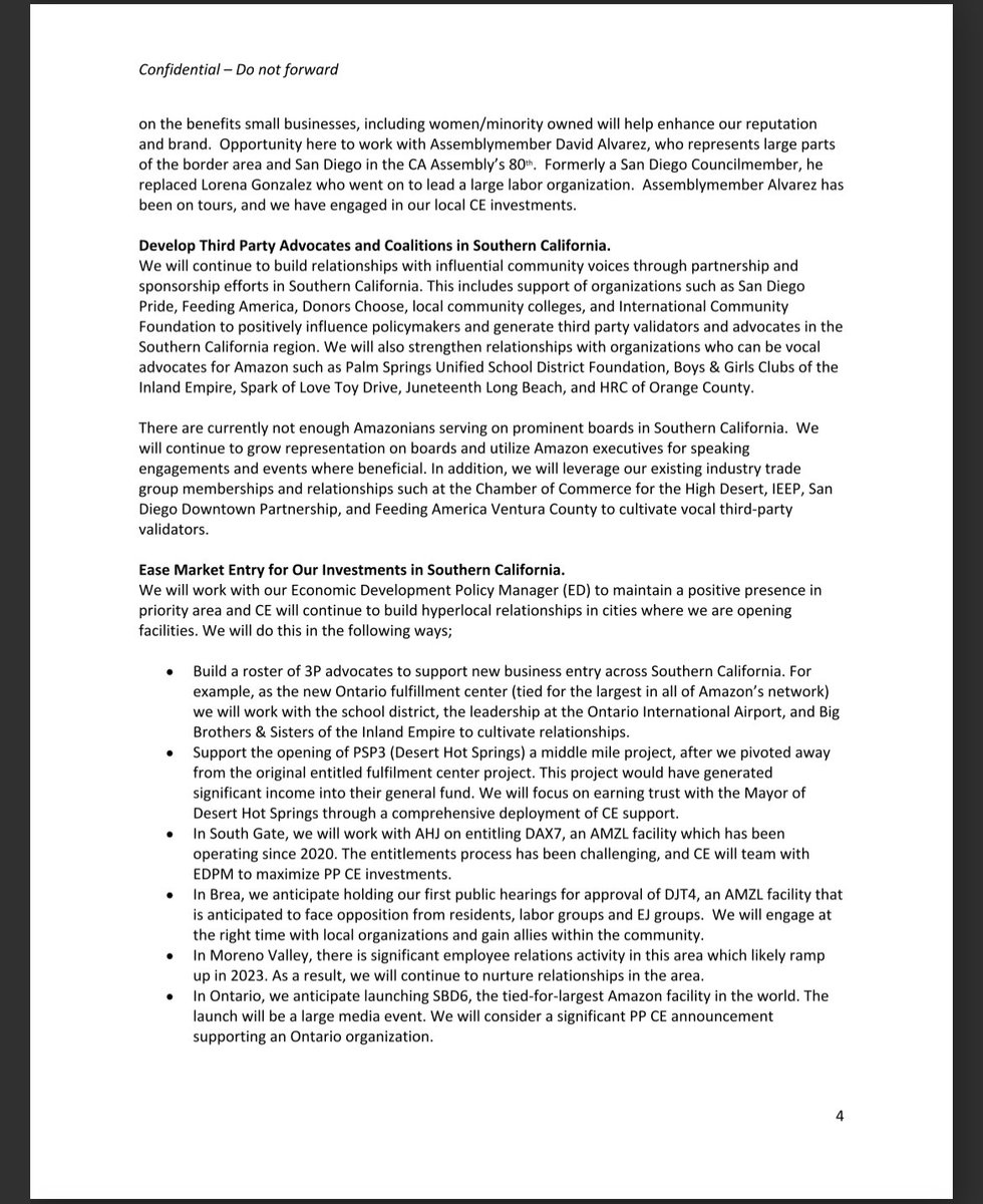 Someone sent me <a href="/amazon/">Amazon</a>’s “confidential” SoCal’s community engagement plan. It’s an interesting read about how they plan to use $$ to non-profits in communities of color to fight legislation that limits environmental affects of warehouses &amp; labor organizing.