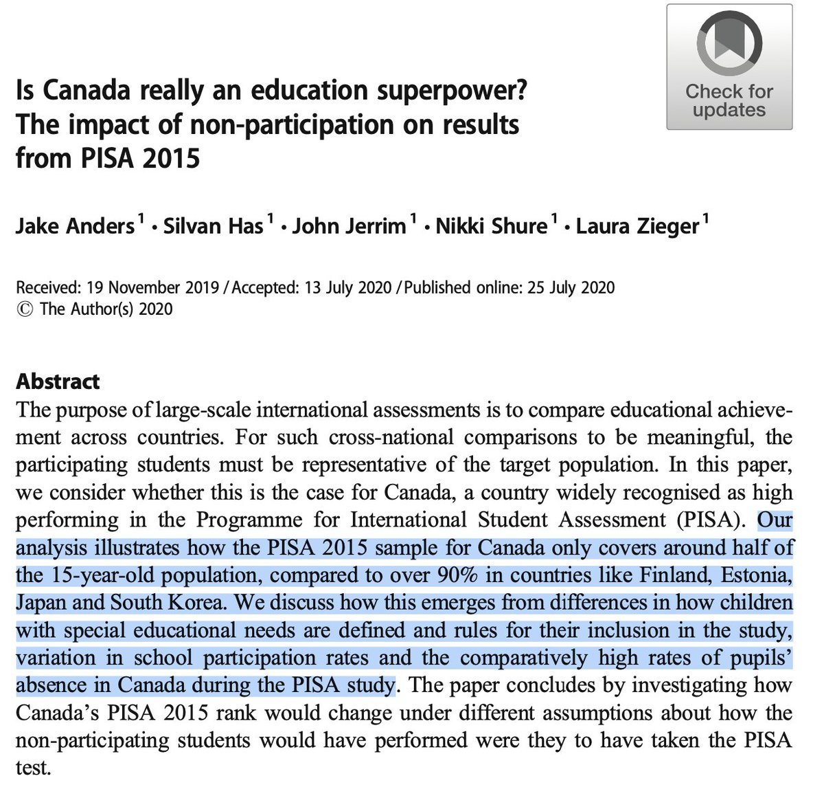 It's PISA time, so this is your reminder that Canada appears to do well on PISA tests mainly because in Canada low performing kids are way less likely to take the test. link.springer.com/article/10.100…