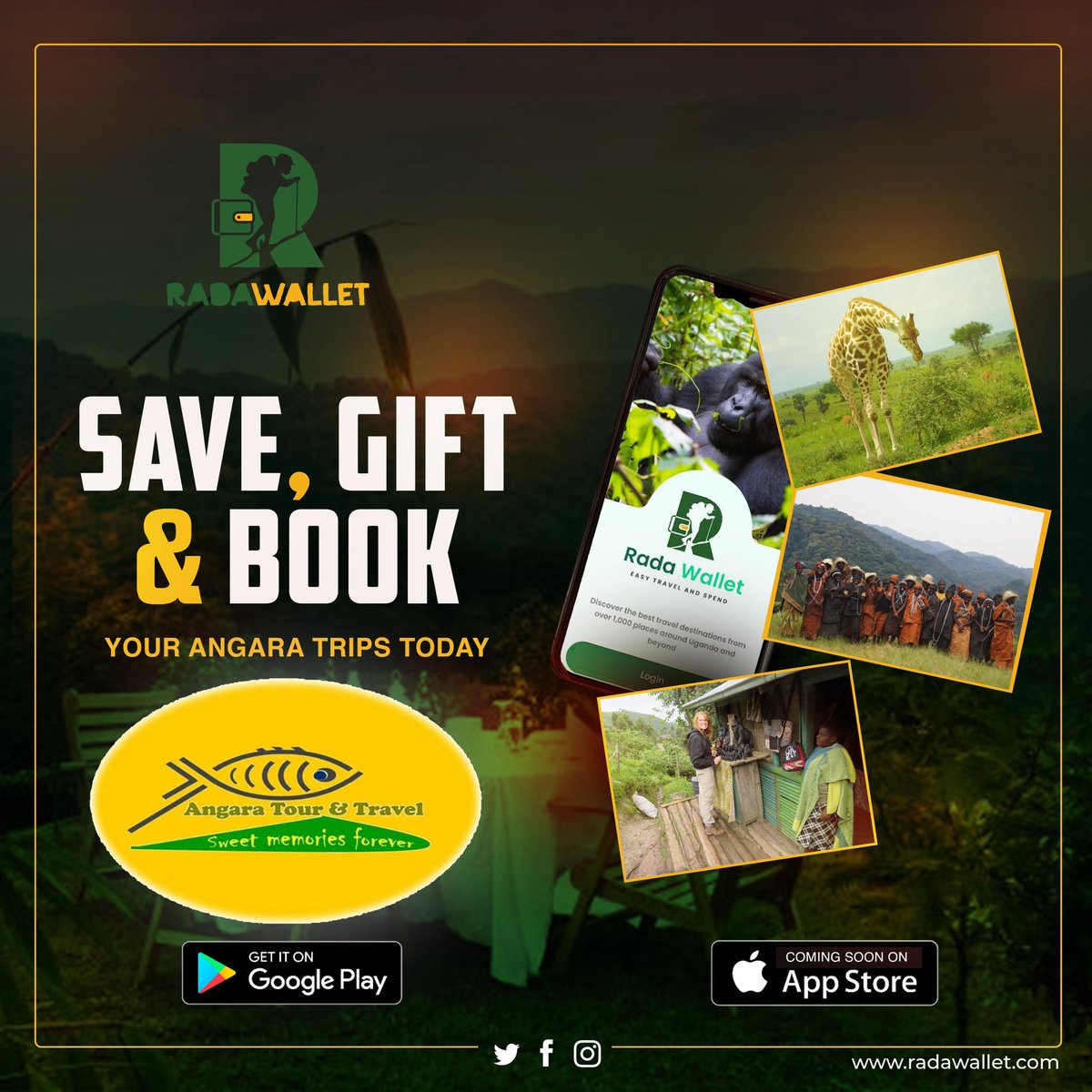 RadaWallet's tweet photo. Embark on unforgettable journeys with @AngaraL90264 tours and travel!  Explore unique experiences, save memories, and gift adventures—all on the Rada Wallet App! Download now from Play Store at https://t.co/kMVR2N5YoP. Apple Store launch coming soon! #ExploreUganda https://t.co/noQdDUINlD