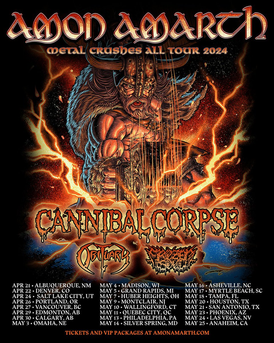 METAL CRUSHES ALL TOUR 2024 is coming for YOU, North America. We’ll be joining @AmonAmarthBand with @CorpseOfficial and @Frozensoultx April 21 – May 25. Tickets on-sale Friday, December 8 at 10am. Get access to pre-sale starting tomorrow at Noon ET / 9am PT using code SAXONS.