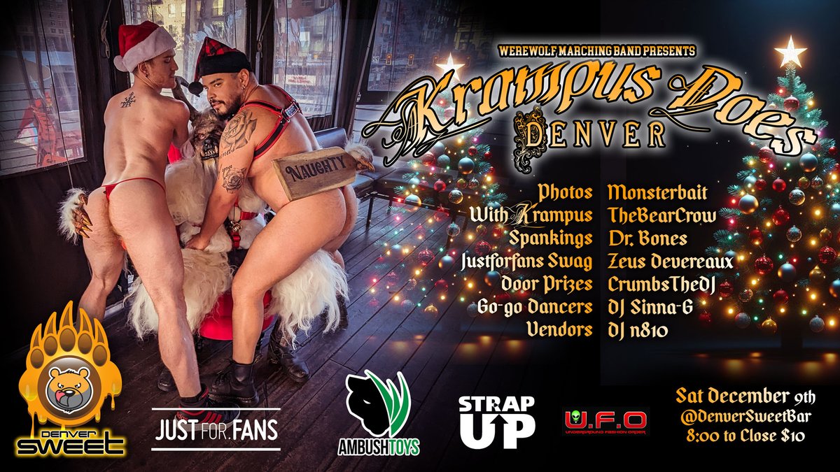 Monsterbait's tweet photo. Krampus Does Denver🎄Sat, Dec 9th @DenverSweetBar!
Get photos &amp; spanks, dress up, dance with DJs, drag and more!
Sponsored by @JustForFansSite this event's got it all! Including Krampus' fat sack of goodies as a door prize!

Info &amp; Tix: https://t.co/jxpr9j7UgF

Gruß vom Krampus! https://t.co/VHC1Yz9nkc