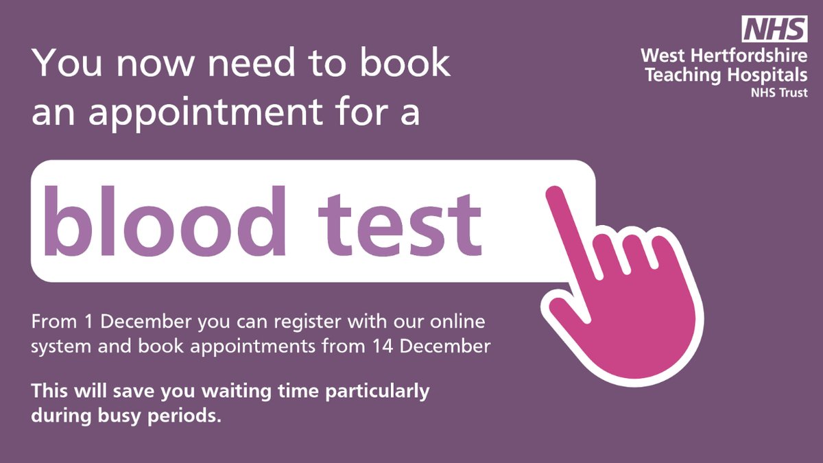 From Thursday 14 December, you’ll need an appointment to have a blood test at one of our hospitals 📅

Find out how to book ➡️ bit.ly/WestHertsBlood…

You can start booking your appointments now for the 14 December and beyond 🕗

#Watford #HemelHempstead #StAlbans