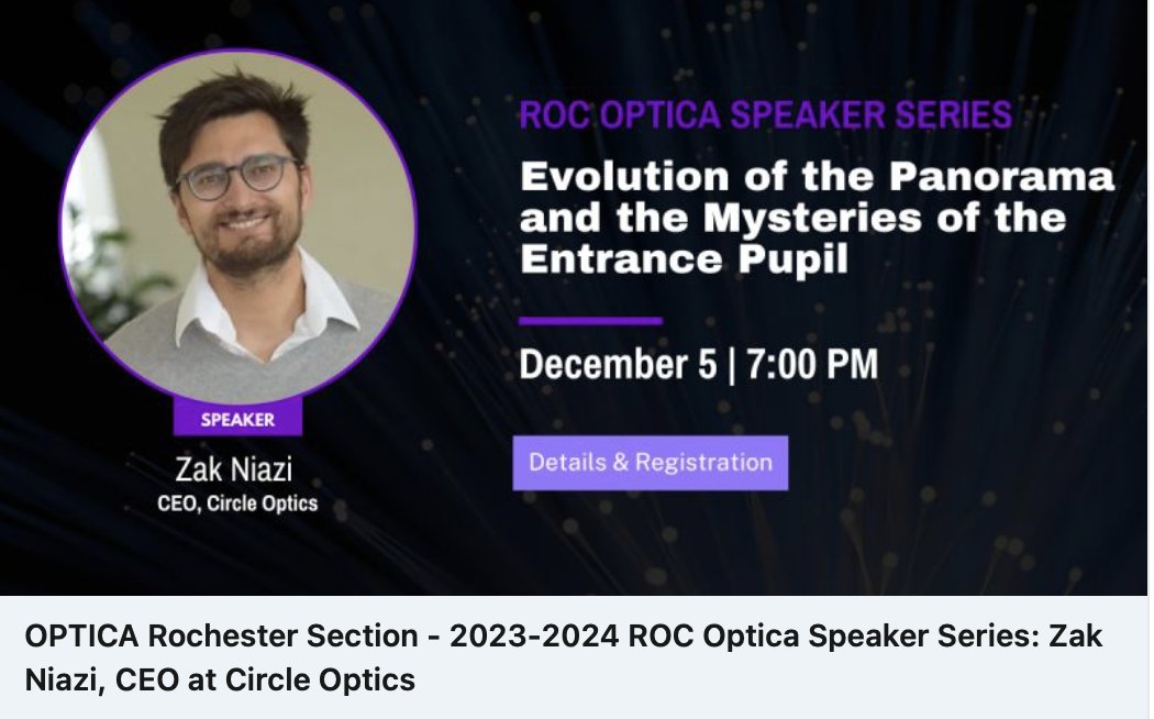 JenniferSertl's tweet image. We are looking forward to seeing many students and @opticaworldwide #GreaterRoc Section members tonight.

+ 1 @circleoptics Zak Niazi  ~ Evolution of the Panorama and the Mysteries of the Entrance Pupil at @rochesteroptic via @opticalsociety
#Optica #panoramicview #innovation