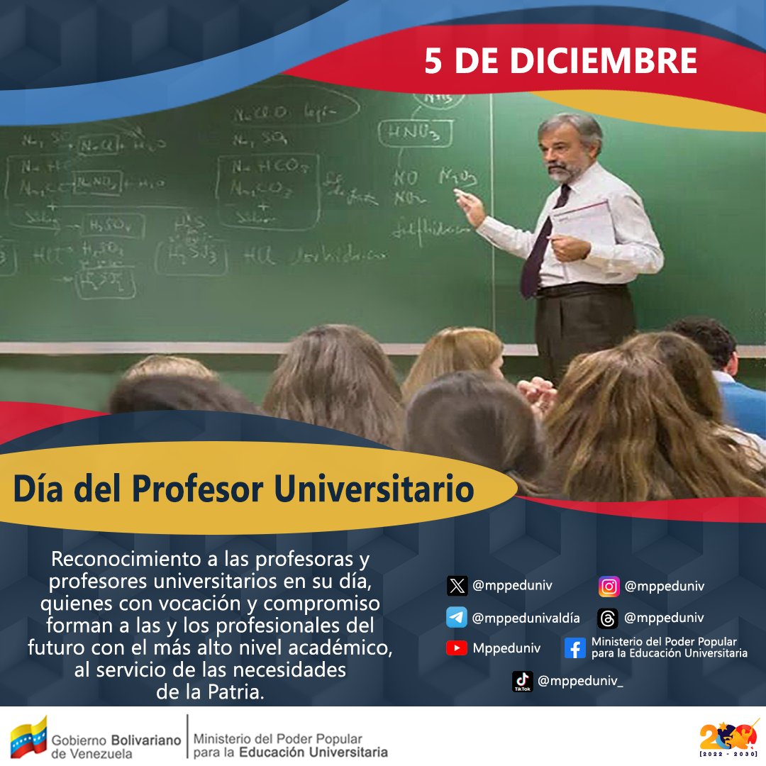#Efeméride || Venezuela felicita a los hombres y mujeres que con vocación y compromiso forman a las y los profesionales del futuro con el más alto nivel académico, al servicio de las necesidades de la Patria.

            ¡Feliz Día del Profesor Universitario!