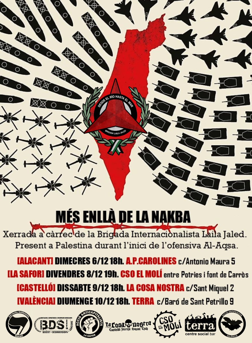 El dissabte 9D comptarem en LCN la presència de militants de la Brigada Leila Jaled presents en Palestina durant l'inici de l'ofensiva Al-Aqsa, en una sèrie de xerrades d'aproximació al conflicte que es faran al País Valencià.

DES DEL RIU FINS AL MAR, PALESTINA VENCERÀ! 🇵🇸✌🏾