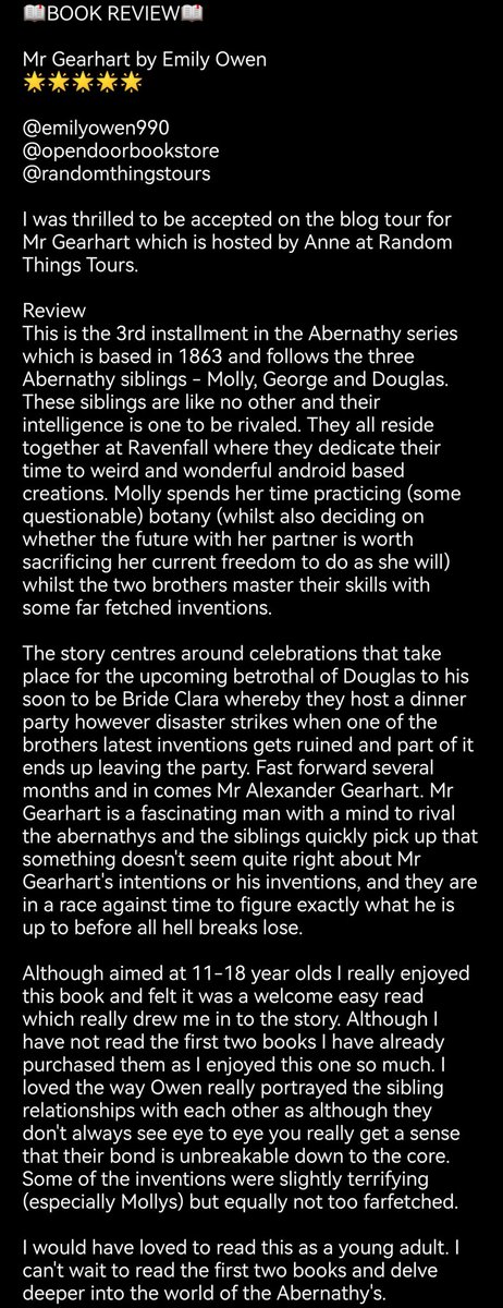 booksandababy89's tweet photo. 📖BOOK REVIEW📖
Mr Gearhart by Emily Owen
🌟🌟🌟🌟🌟
Join me on day one of the blog tour for @RandomTTours
I absolutely loved this book! See below for my review.
#MrGearhart #EmilyOwen #RandomThingsTour #BookReview https://t.co/zWaz9SRiHT
