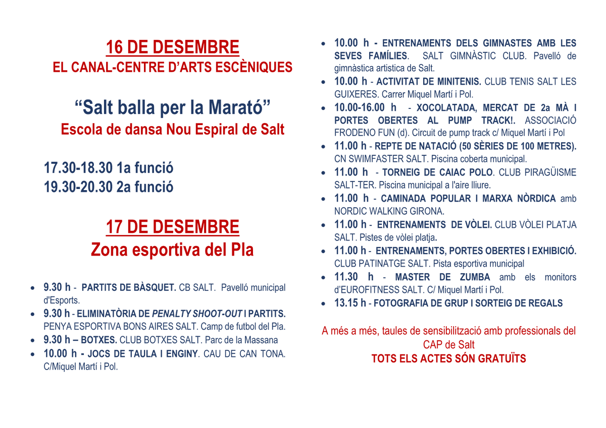 areasalut's tweet photo. 🗣️La Marató d'aquest any s'allarga 1⃣ dia. 
A #Salt hi ha moltes activitats per colaborar amb aquest esdeveniment SOLIDARI‼️
Aqui, algunes d'elles 1⃣6⃣-1⃣7⃣ de desembre!
⏸️#SALT ✖️ LA MARATÓ⏸️ Coorganitzat per #Viladesalt  #EUSES #GeneralitatGirona
#Saltesmou #ViuSalt
➕ℹ️NFO⤵️ https://t.co/6uBqhtPjAm