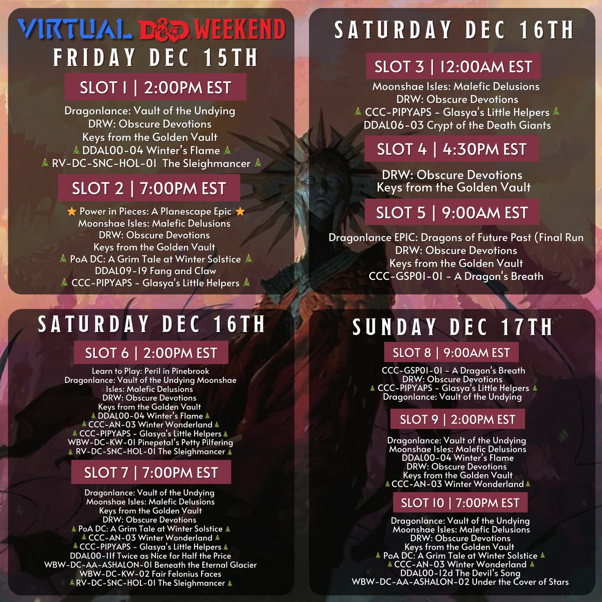 baldmangames's tweet photo. Lots of exciting stuff for this month's VDDW! Sign up at https://t.co/gWHIAxoW5s
Highlights:
⭐️Power in Pieces: Planescape Epic
🐉 Final run of Dragons of Future Past
🎄Holiday adventures 
🧚Author run Feywild DCs 
⚔️Classic AL adventures (T1 and T4) https://t.co/WoSgYLlUjg
