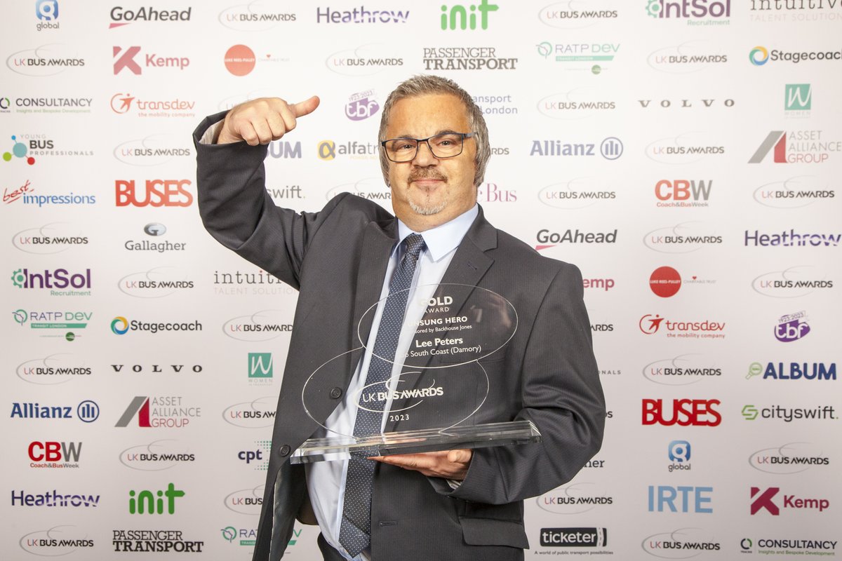 A well-deserved congratulations to Lee Peters from Go South Coast (Damory), the Gold Award winner for Unsung Hero at the 2023 UK Bus Awards! 🌟🚌 Like and share to celebrate this unsung hero's remarkable win! 🏆✨ #MadeIt #BusWinners23
