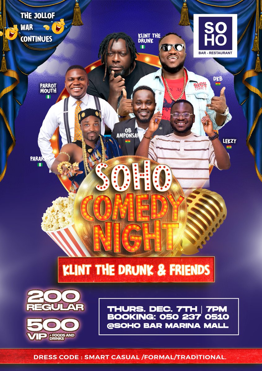 An unforgettable night of comedy brilliance.

The laughter has already begun! 😂

Join us this Thursday at 7pm

#SOHOComedy 
Local Name Favorite Player The Club #InfinixHot40SeriesLaunch Aisha Huang #TalkYourTalk #TheJollofBattle GTA 6