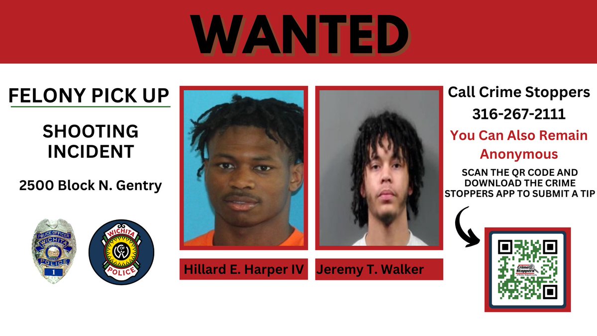 WichitaPolice's tweet photo. We need our community's help locating two individuals, Hillard Harper and Jeremy Walker, who were involved in a shooting incident that occurred on December 2, 2023, at 9:29 p.m. in the 2500 block of N. Gentry. The victim in this incident sustained a gunshot wound to the abdomen, https://t.co/XGUaGbsFqt