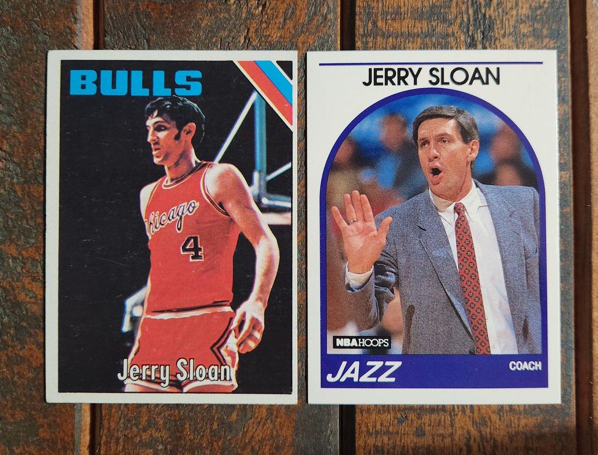vintcougscards's tweet photo. Basketball cards of the day: 1975 Topps Jerry Sloan and 1989 NBA Hoops Jerry Sloan. @byubasketball welcomes Sloan's almamater Evansville to the Marriott center tonight. #gocougs #byubasketball #byuhoops #evansvilleaces https://t.co/yWrW5mHkt0