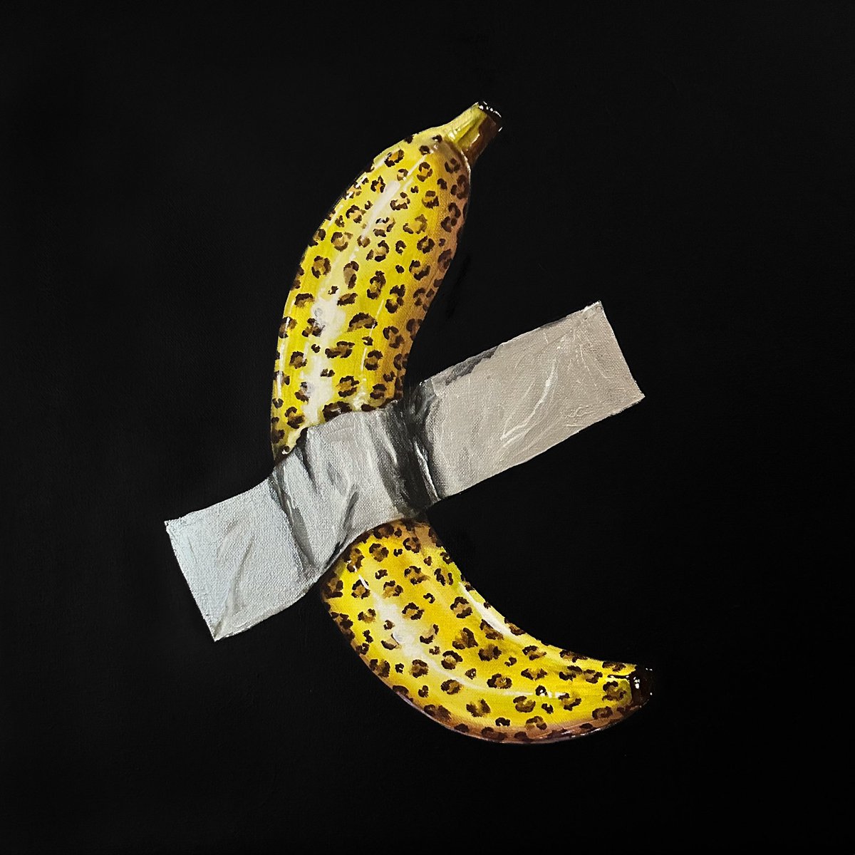 hatis_art's tweet photo. Banana work by Maurizio Cattelan. The name "Comedy" is a symbol of global trade for the artist. A little bit of comedy is needed. it is important to me because it is an iconic banana. I turned it into painting according to "supply and demand". 
My new oil paints “hello bananas”🍌 https://t.co/1UX6b45Xmu
