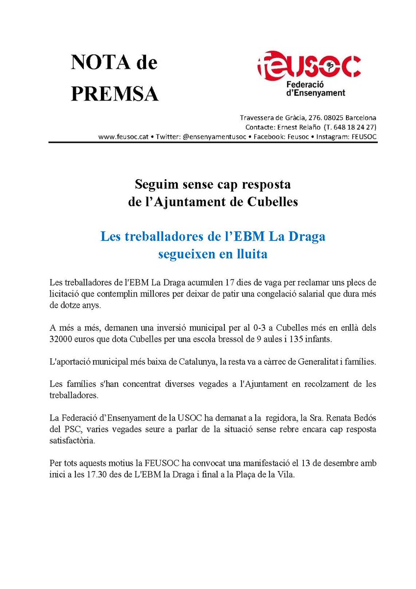 Les treballadores de l'Escola Bressol Municipal La Draga de #cubelles segueixen en lluita després de 17 dies de vaga.
Més de 12 anys amb el salari congelat i l'Ajuntament continua sense donar cap resposta.
El dia 13 de desembre sotirem a manifestar-nos a les 17:30 des de l'escola