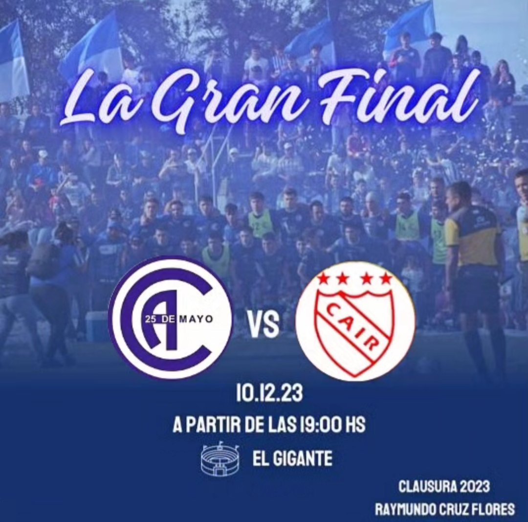 🔜 ¡𝗣𝗥𝗢́𝗫𝗜𝗠𝗢 𝗣𝗔𝗥𝗧𝗜𝗗𝗢!
 📌 "𝗟𝗔 𝗚𝗥𝗔𝗡 𝗙𝗜𝗡𝗔𝗟" 🏆
 📌 Clausura 2023
 ⚽ Torneo Raymundo Cruz Flores
🆚 <a href="/c/">c</a>.a.indep.ranqueles
🗓 Domingo 10/12/2023
🕙 A partir de las 19:00 hs
🏟️ Estudio: El Gigante ( Deportivo Motokart Jovita)