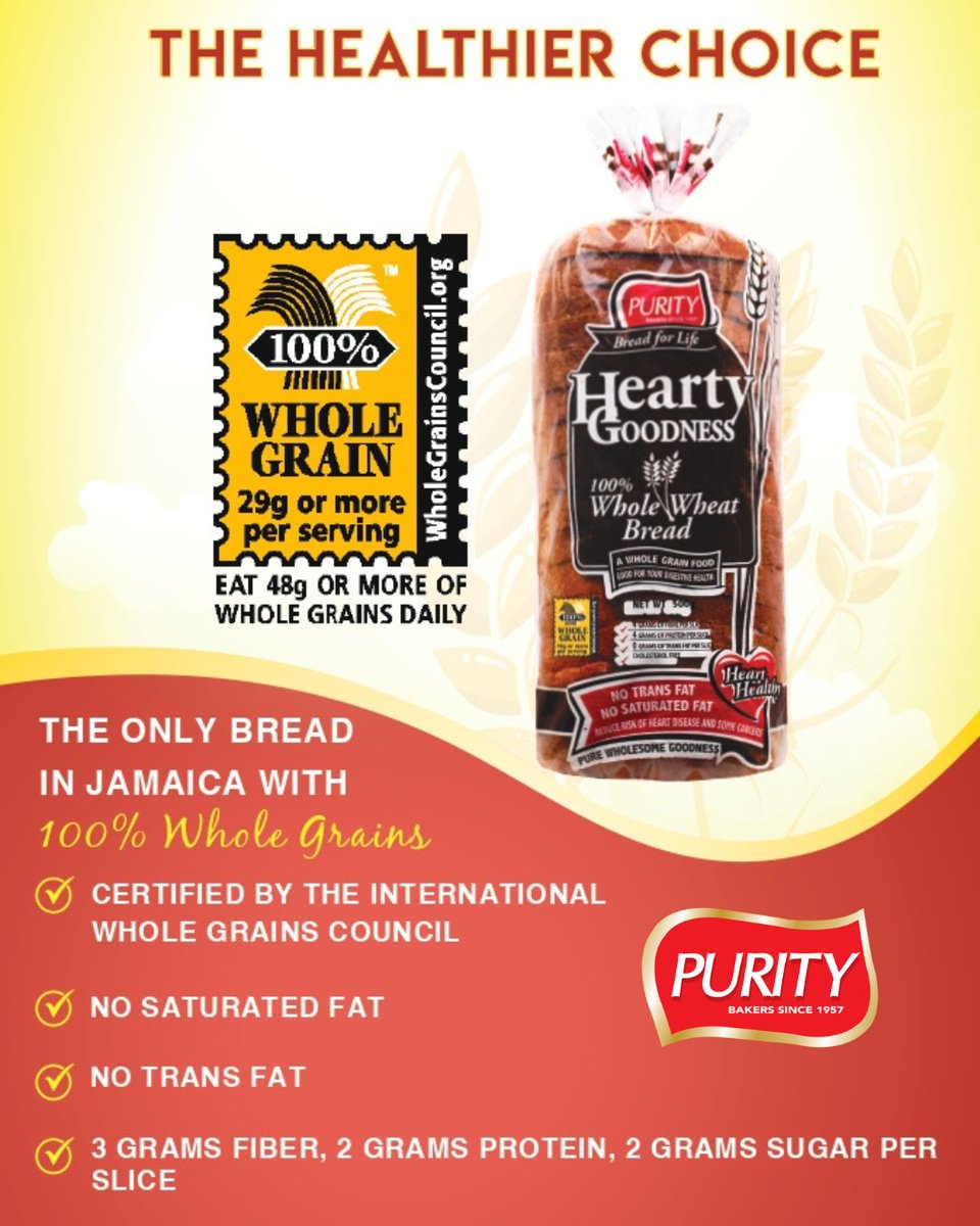PurityBakeryJam's tweet photo. Start your morning (and your week) with the healthier choice in bread.... Purity 100% Whole Wheat Bread✨
#100PercentBread #WholeWheatBread #WholeGrainStamp #WholeGrain #Jamaica #Nutrition #Goodlife #PureLife #PureWholesomeGoodness #CholesterolFree https://t.co/iYvoEviNgN