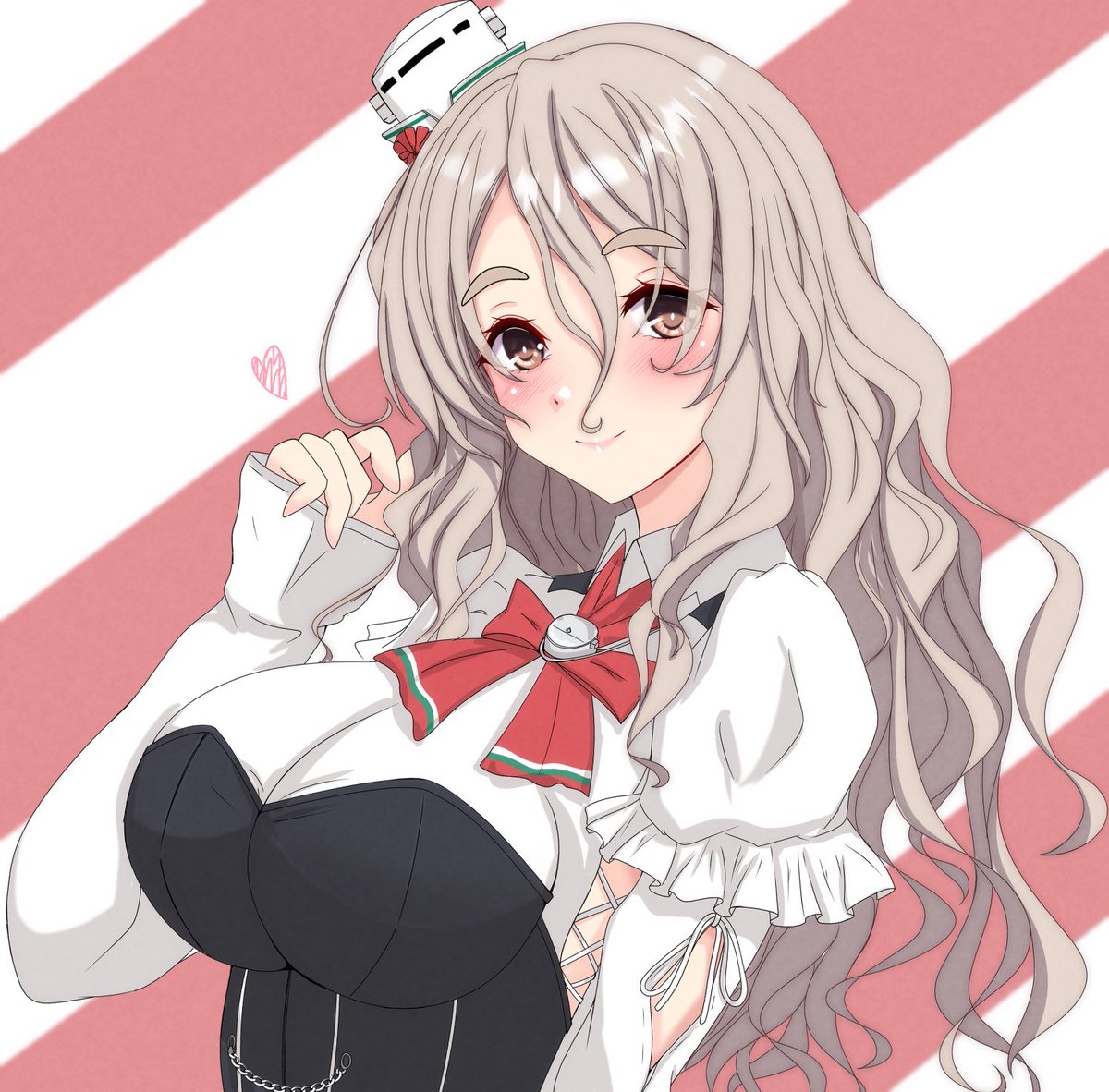 pola (kancolle) 1girl solo wavy hair mini hat hat brown eyes grey hair  illustration images