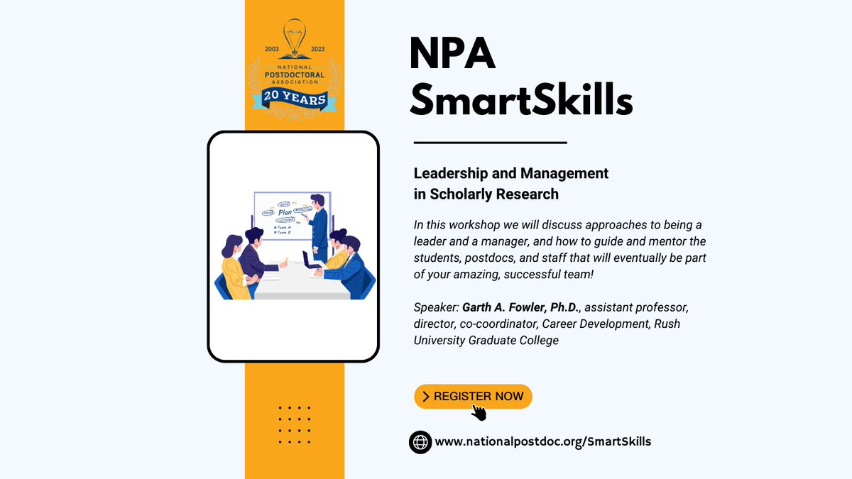 nationalpostdoc's tweet image. In this workshop we will discuss approaches to being a leader and a manager, and how to guide and mentor the students, postdocs, and staff that will eventually be part of your amazing, successful team!

Register for December&apos;s #NPASmartSkills ow.ly/ISSx50Q7aLo // #postdocs