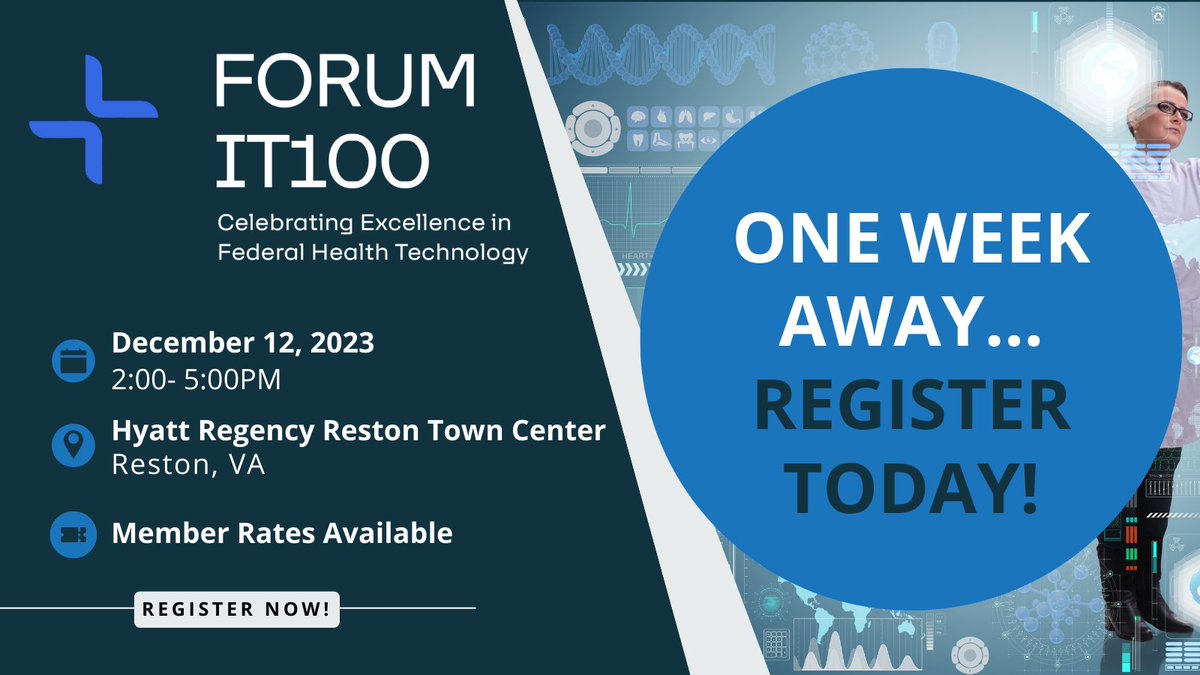 🚨Our 8th Annual FORUM IT100 (formerly FedHealthIT100) Awards and Holiday Reception is only ONE WEEK AWAY. We promise you won't want to miss this event, so don't delay! Register today! bit.ly/3Sbu51e #FORUMIT100 #healthIT #federalagencies #federalgovernment #FORUMgovcon
