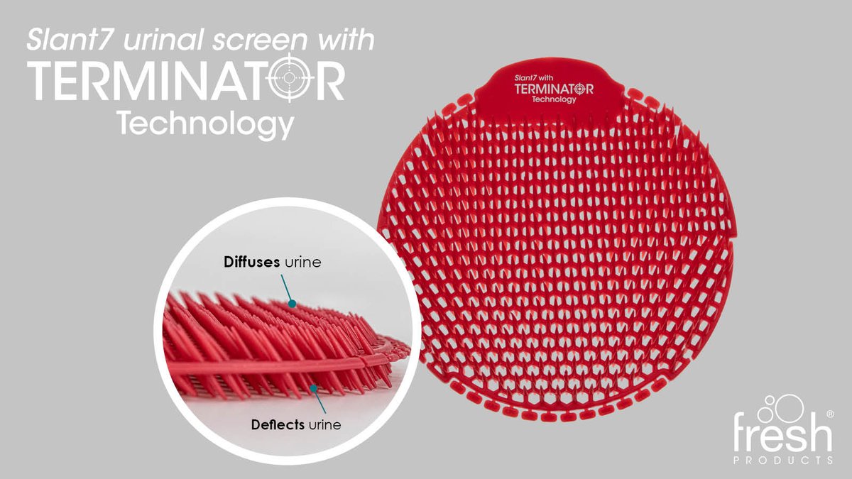 The Slant7 Terminator urinal screen’s unique fragrance kills the source of #odors! The patented double-sided slant design diffuses and deflects urine to keep your facilities #clean and smelling #fresh for 30 days. Learn more here: freshproducts.com/slant7-termina…