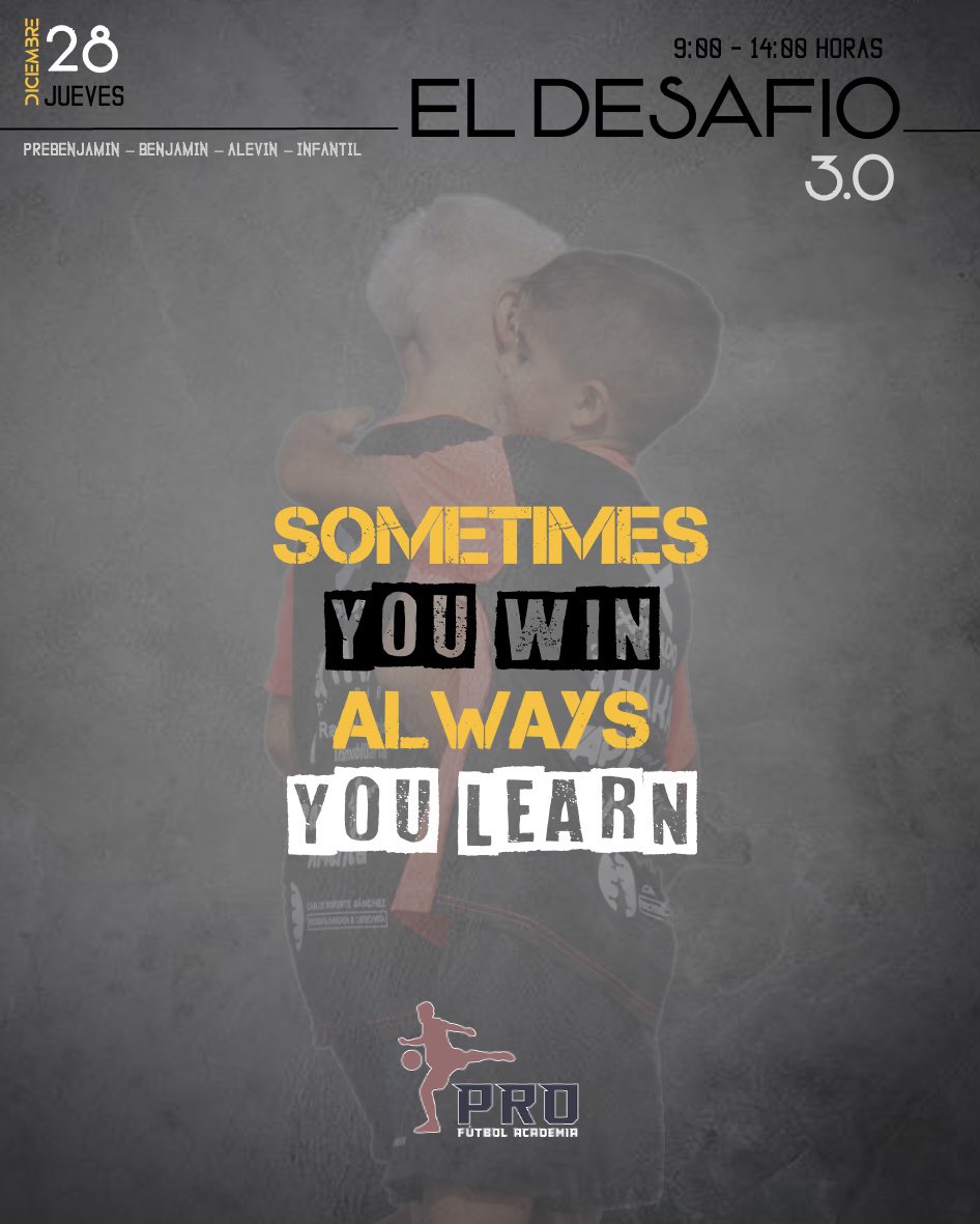 💥EL DESAFÍO 3.0💥

❗️YA ESTÁ AQUÍ NUESTRO PRO EVENTO DE NAVIDAD❗️

📆APUNTA LA FECHA: JUEVES 28 DICIEMBRE

⏱️DE 8:30 a 14:00 HORAS

📍CIUDAD JARDÍN-ENTRECAMINOS

👉🏼ENTRENAMIENTO TECNIFICACIÓN
👉🏼CAMPEONATO FÚTBOL TENIS
👉🏼MULTIDEPORTE
👉🏼EL DESAFÍO 3.0