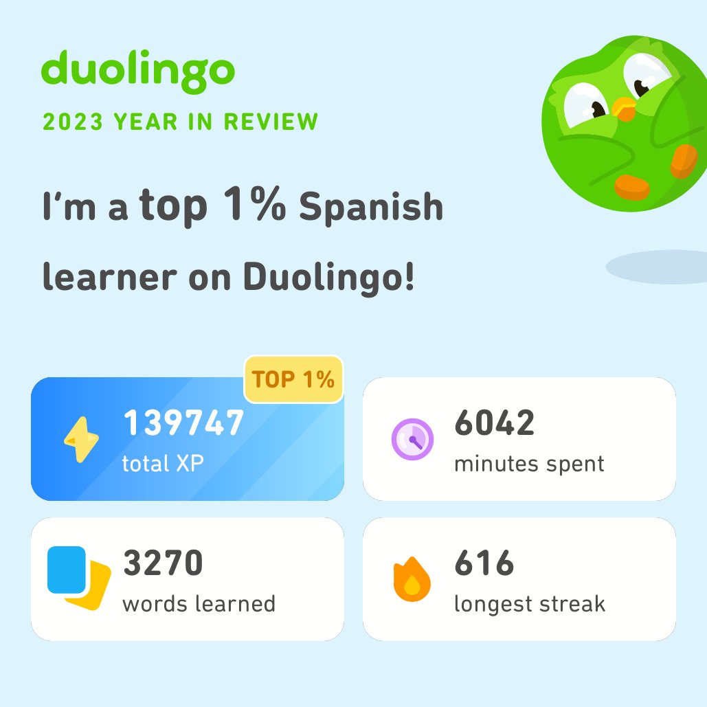 Branwen71's tweet photo. Look how much I learned on Duolingo in 2023! How did you do? #Duolingo365 https://t.co/nETcX5zHs7