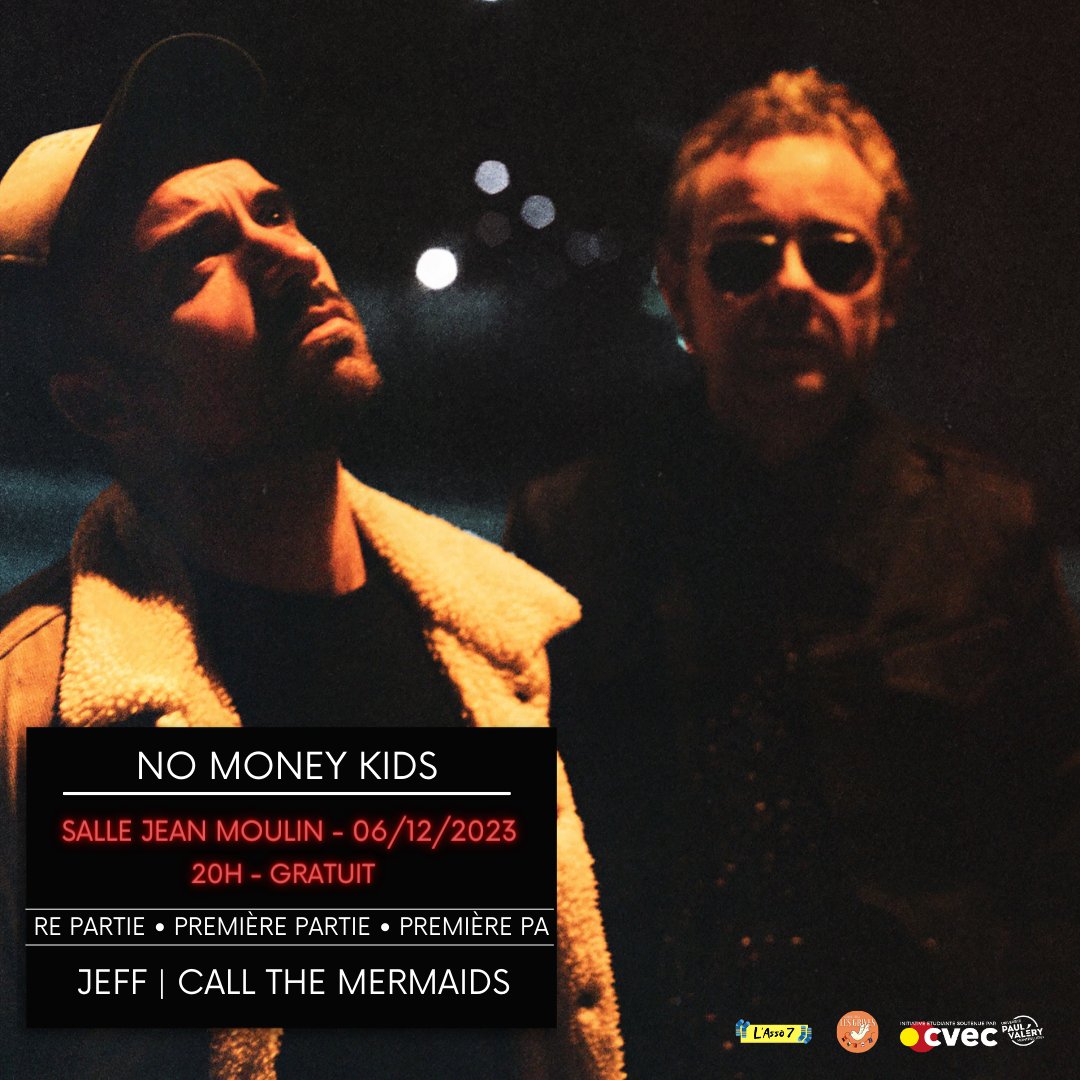 CONCERT DE ROCK 🎸

No Money Kids à l'Université Paul Valéry 

Les grives et l’asso 7 se sont réunis pour inviter ce superbe groupe de rock à venir dans notre université et vous faire passer une super soirée !!! 

Quand ? Mercredi 6 décembre 2023 à 20h
Où ? Salle Jean Moulin