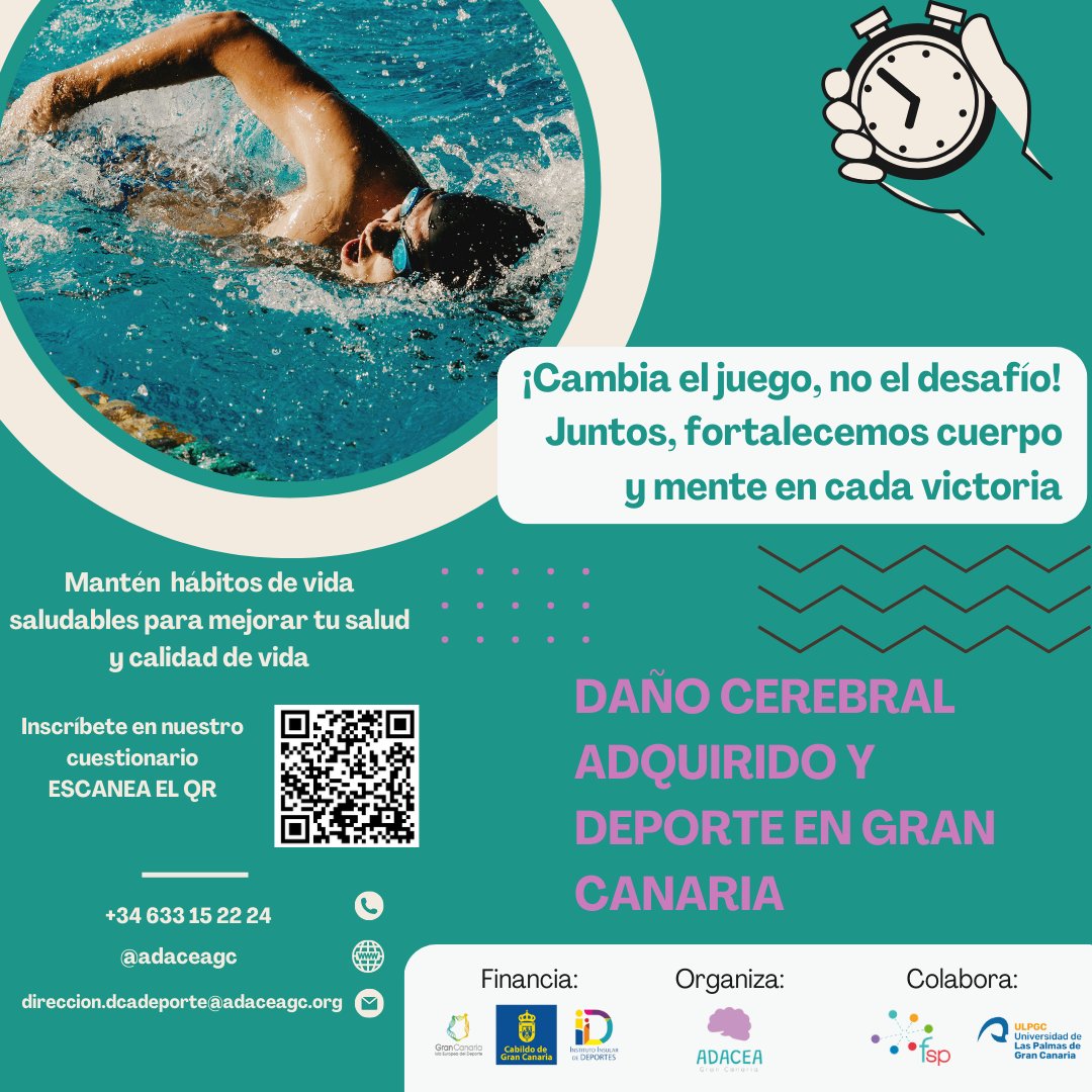 AdaceaGC's tweet image. Desde ADACEA GC queremos presentarles el proyecto "Daño Cerebral Adquirido y Deporte en Gran Canaria" 🏊‍♀️⛹️‍♂️🥎
Si tienes DCA o conoces a una persona que tenga DCA no dudes en escanear nuestro QR e inscribirte o en contactarnos 📩📲