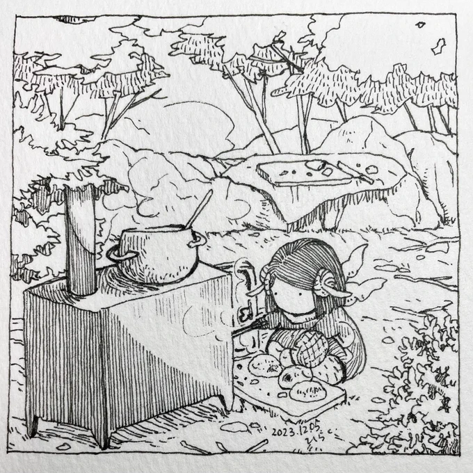 12/5:
布を作った人、野菜を作った人、干し肉になった獣。私は他の人の人生で生かされている。

People who made cloth, people who grew vegetables, and animals who became dried meat. I am alive in the lives of others.

 #Pavot  #ペン画 
