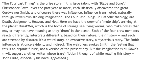 And here's another take on 'The Four Last Things,' my story in the latest issue of @Asimovs_SF , written by the respectuous Rich Horton. Click the link to his review of the whole issue, which is well worth a look! rrhorton.blogspot.com/2023/11/review…