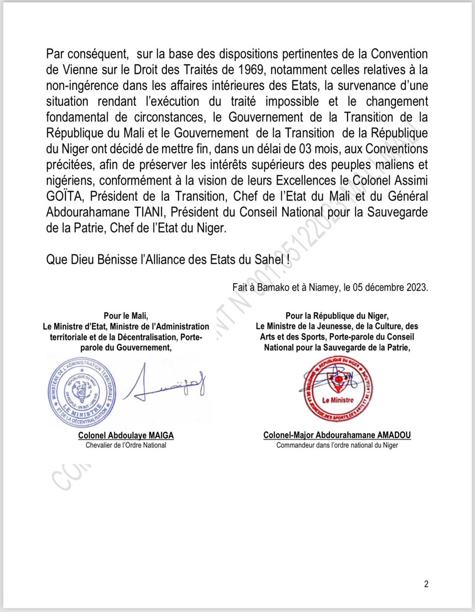 Communiqué Conjoint N° 001 par lequel les Gouvernements de Transition de la République du Mali et de la République du Niger procèdent à la dénonciation de deux Conventions : - la Convention entre le Gouvernement de la République Française et le Gouvernement de la République du…