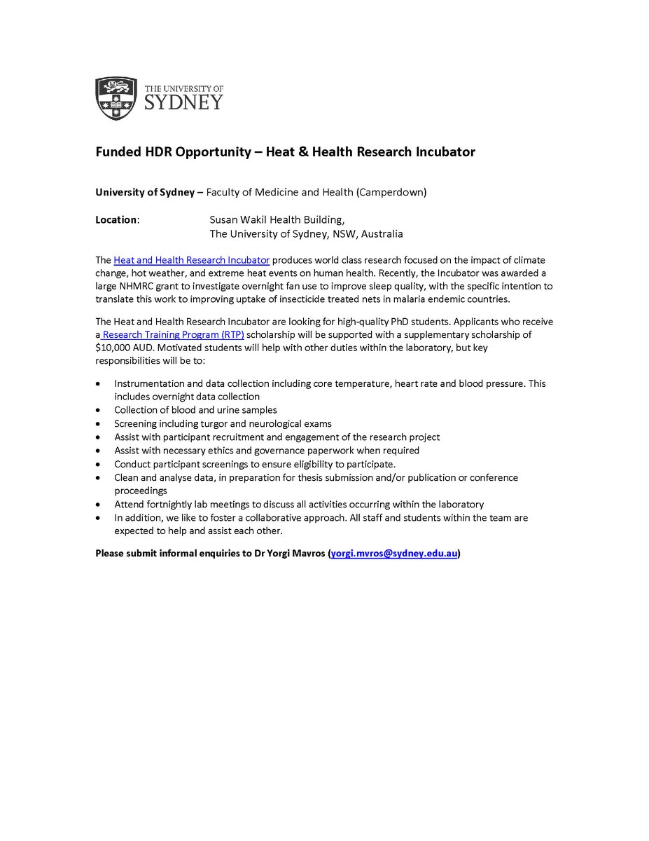 We are looking for motivated Masters and PhD students to join our team at the @HeatHealth_USYD to work on sustainable cooling strategies for hot nights. The project is funded by the @NHMRC and is ready to begin in 2024. Key details below. DM me or contact me via email