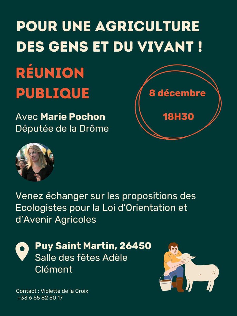 MariePochon's tweet photo. #SurLeChamp! 🧑🌾
Rendez vous ce vendredi 18h30 à la salle des fêtes de Puy-Saint-Martin📍 pour échanger sur l'avenir de l'#agriculture face aux nombreux défis actuels et à venir, et échanger sur les propositions des Écologistes ! ⬇️ https://t.co/vdXLmSIlAc
